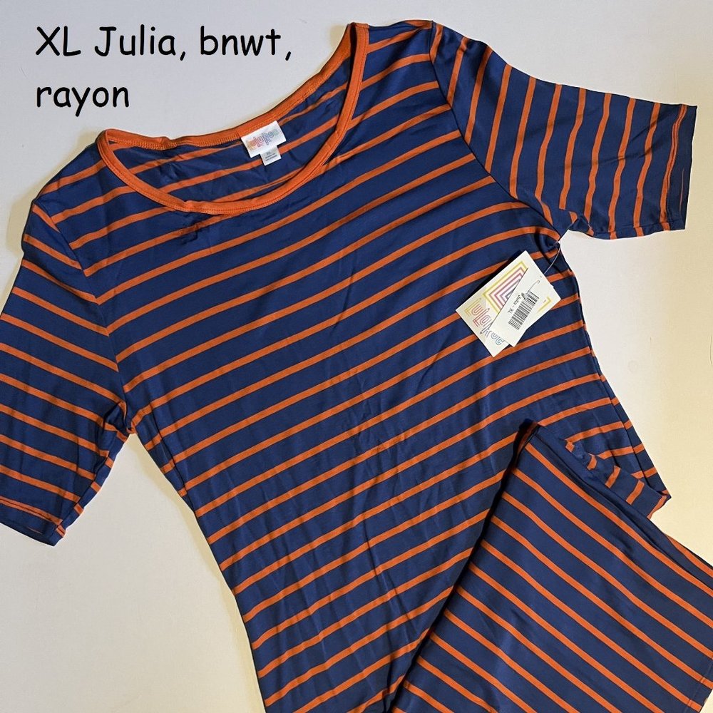 XL Lularoe Julia sheath dress, blue and orange stripes, vertical hem